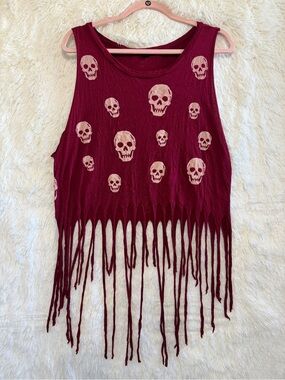 Rock Rose Classic Womens Skull Fringe Tank Top Size L Red Fairy Grunge Festival